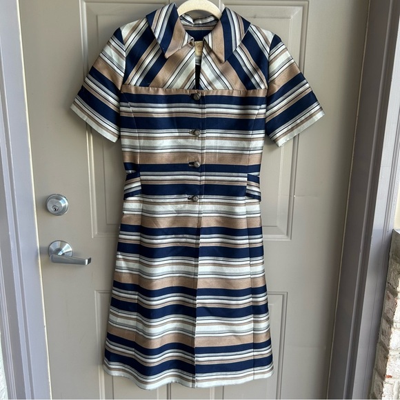 Handmade Dresses & Skirts - Vintage 70s Striped Mod Dress Handmade A-Line Short Sleeve Navy Tan Retro S/M